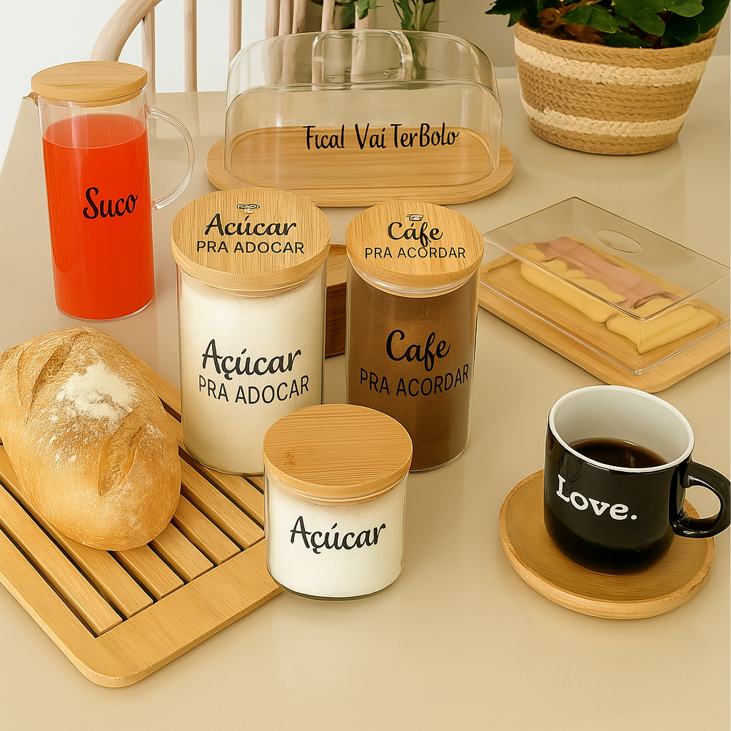 Kit Café em Bambu – 08 Peças + Brinde Especial (06 Xícaras)