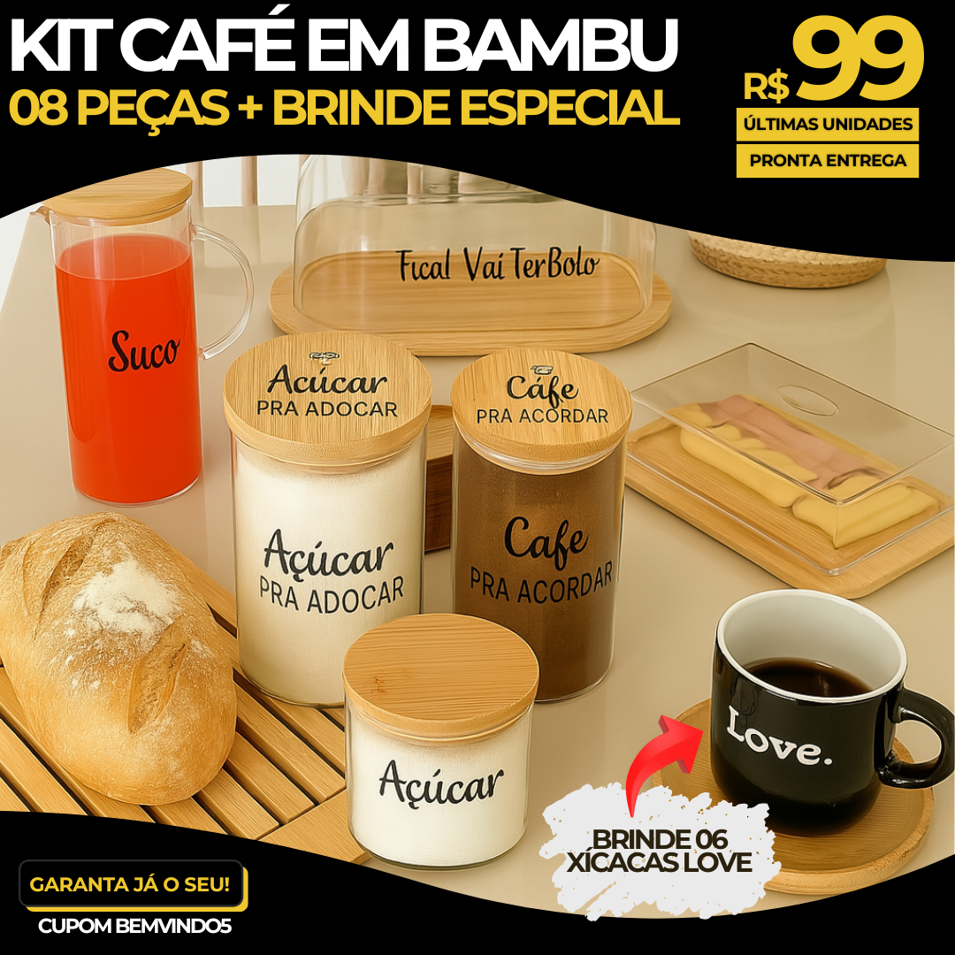 Kit Café em Bambu – 08 Peças + Brinde Especial (06 Xícaras)