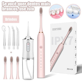 Kit Escova Elétrica + Irrigador Bucal 2 em 1 – Limpeza Completa, USB Recarregável